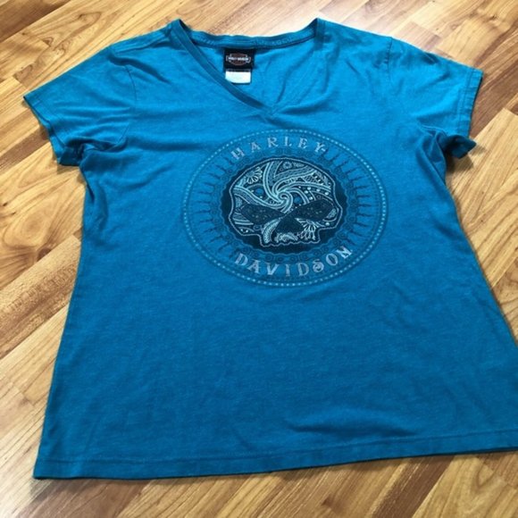 Harley Davidson "2014" Skull 💀 T-Shirt Teal V- neck El Paso Texas Size Large - Picture 1 of 12